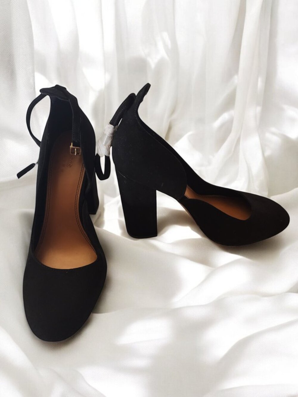 ASOS DESIGN Black Suede Block Heel Pumps Women’s Ankle Strap Round Toe